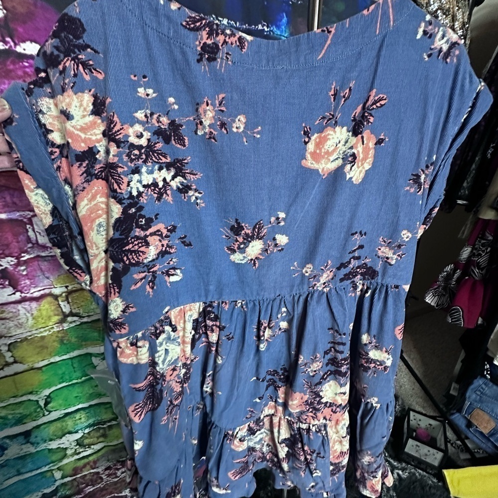 Free People Harper Corduroy Blue Floral Mini Dress, Size XS but Oversized, NWPT - Picture 5 of 8